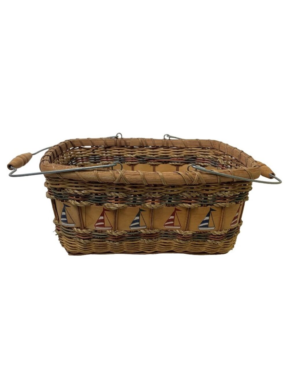 Vintage Nautical-Themed Woven Basket 10"x12" Wire Bail Handles Sailboat Design
